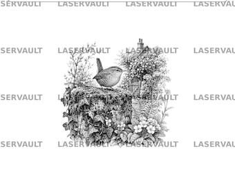 Op de afbeelding: Een zwart-witte digitale illustratie van een kleine winterkoning zittend op een bemoste boomstronk. De scène bevat gedetailleerd gebladerte, klimop en een klein stenen huisje op de achtergrond. De tekst "Wren - Laser Engraving PNG" staat bovenaan.