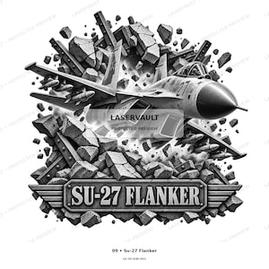 May include: A black and white graphic illustration of an SU-27 Flanker fighter jet emerging from a pile of concrete rubble and steel beams. The text SU-27 FLANKER is displayed on a metallic banner at the bottom of the design.