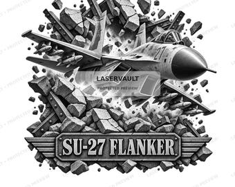 Op de afbeelding: Een zwart-witte grafische illustratie van een SU-27 Flanker gevechtsvliegtuig dat uit een hoop betonpuin en stalen balken tevoorschijn komt. De tekst SU-27 FLANKER staat op een metalen banner onderaan het ontwerp.