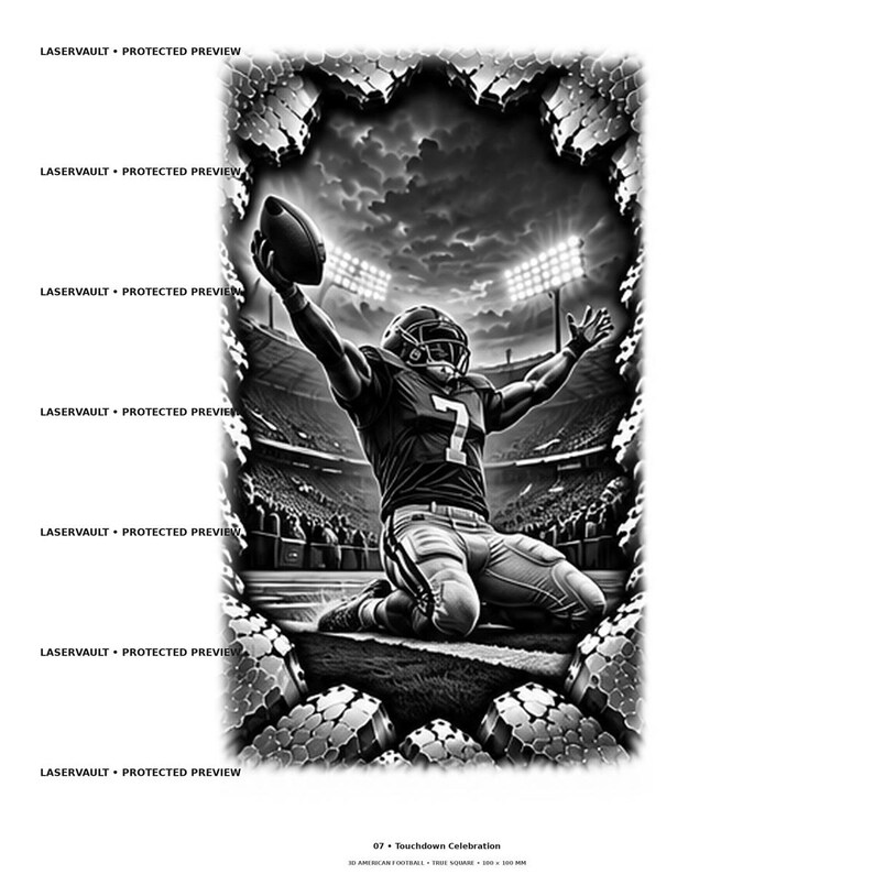 May include: A black and white graphic illustration of an American football player kneeling on a field with arms raised holding a ball. The scene is framed by a textured, jagged border and includes the text LASERVAULT PROTECTED PREVIEW repeatedly.