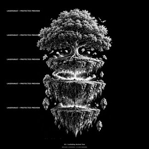 May include: A black and white graphic illustration featuring a large tree atop three stacked, floating rock platforms. The text LASERVAULT PROTECTED PREVIEW appears repeatedly on the left, with 03 LEVITATING ANCIENT TREE at the bottom.