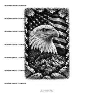 Puede incluir: Un dise&ntilde;o gr&aacute;fico en blanco y negro que muestra la cabeza de un &aacute;guila calva de perfil, frente a una bandera estadounidense y una cordillera. La escena est&aacute; enmarcada por un borde texturizado y agrietado con el texto LASERVAULT PROTECTED PREVIEW.