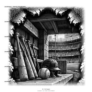 May include: A black and white digital illustration of a baseball dugout featuring four wooden bats leaning against a wall, a baseball, and a batting helmet resting on a bench. The view looks out toward a stadium field under bright lights.