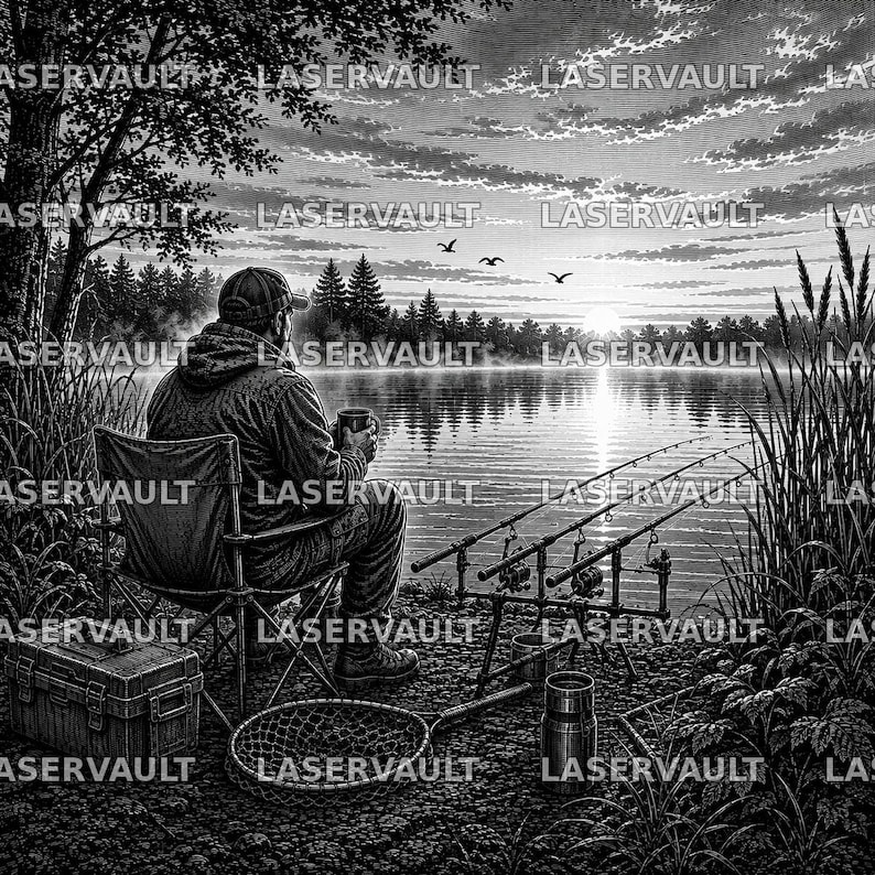 Puede incluir: Una ilustraci&oacute;n en blanco y negro de una persona sentada en una silla plegable junto a un lago, sosteniendo una taza. Tres ca&ntilde;as de pescar est&aacute;n colocadas en un soporte, con una caja de aparejos y una red en el suelo. Se ve el amanecer.