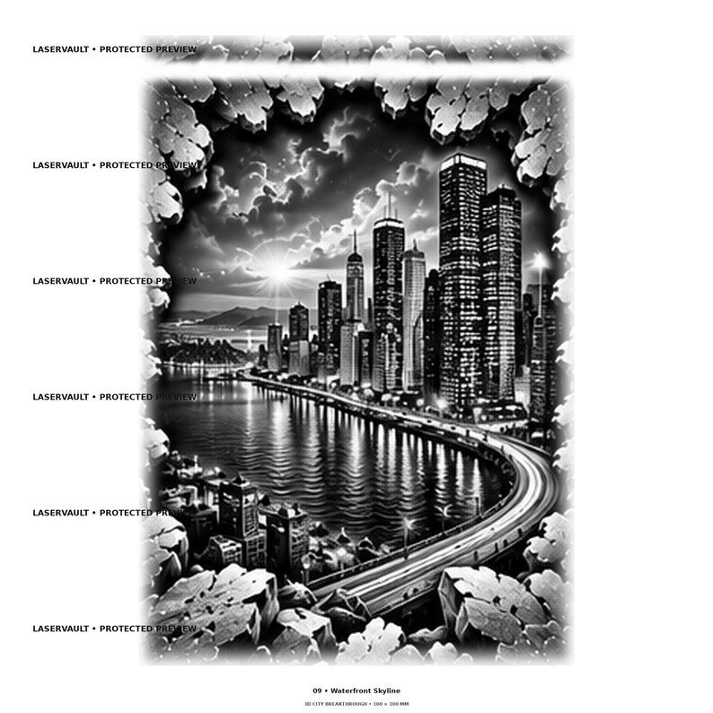 Pode incluir: Uma ilustra&ccedil;&atilde;o digital a preto e branco de um horizonte urbano &agrave; beira-mar &agrave; noite, emoldurada por uma borda irregular semelhante a pedra. A cena apresenta arranha-c&eacute;us altos, uma estrada costeira curva e um efeito de sol brilhante.