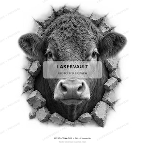 May include: A black and white graphic illustration of a cow head emerging from a cracked wall. The text LASERVAULT PROTECTED PREVIEW is centered over the cow. The bottom text reads LV-3D-COW-001 06 Limousin Master download supplied clean.