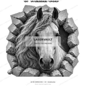May include: A black and white graphic illustration of an Andalusian horse with a long, flowing mane, appearing to emerge through a hole in a brick wall. The image includes the text LASERVAULT PROTECTED PREVIEW and LV-3D-HORSE-002 10 Andalusian.