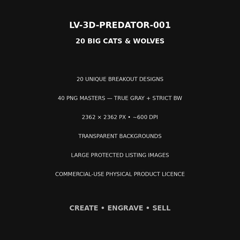 Op de afbeelding: Een zwarte digitale grafische bestandsset getiteld LV-3D-PREDATOR-001 met 20 grote katachtigen en wolven. Bevat 20 ontwerpen, 40 PNG-masters in grijs en zwart-wit, 2362 x 2362 px bij 600 DPI, transparante achtergronden en een commerci&euml;le licentie.