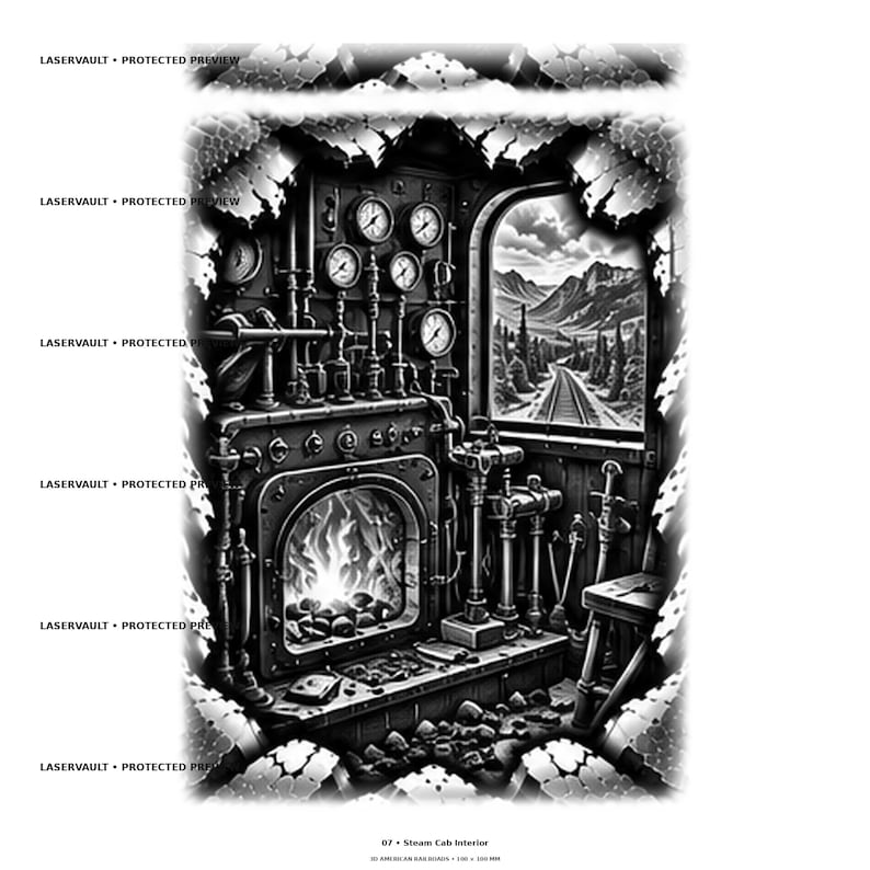 Op de afbeelding: Een zwart-witte digitale illustratie van het interieur van een stoomlocomotiefcabine met een kolengestookte vuurkist, diverse drukmeters, leidingen en een raamuitzicht op bergsporen. De tekst LASERVAULT PROTECTED PREVIEW verschijnt herhaaldelijk.
