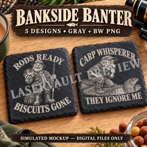 May include: Two square black slate coasters featuring engraved fishing illustrations. The left coaster shows a person holding a bowl with the text RODS READY BISCUITS GONE. The right coaster shows a person near a fish with CARP WHISPERER THEY IGNORE ME.