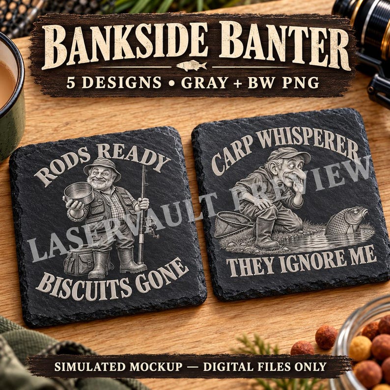 May include: Two square black slate coasters featuring engraved fishing illustrations. The left coaster shows a person holding a bowl with the text RODS READY BISCUITS GONE. The right coaster shows a person near a fish with CARP WHISPERER THEY IGNORE ME.