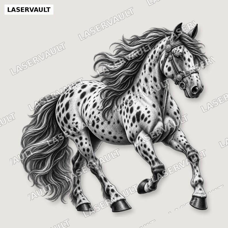 Puede incluir: Una ilustraci&oacute;n en blanco y negro de un caballo moteado con crines y cola fluidas, que lleva una brida. La imagen presenta el texto repetido LASERVAULT en todo el dise&ntilde;o. El caballo se muestra en una pose din&aacute;mica de trote con cascos oscuros.