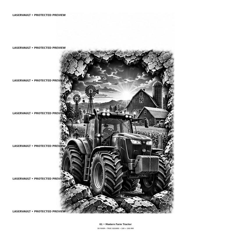 Pu&ograve; includere: Un'illustrazione grafica in bianco e nero di un moderno trattore agricolo in primo piano, su uno sfondo rurale con fienile, silo e mulini a vento. La scena &egrave; incorniciata da un bordo in pietra, con il testo LASERVAULT PROTECTED PREVIEW.