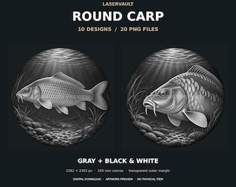 10 Round Carp Laser Engraving PNG Bundle, Circular Fishing Designs, Grayscale and Black White, Commercial Use
