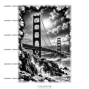 Pode incluir: Uma ilustra&ccedil;&atilde;o gr&aacute;fica a preto e branco de uma ponte suspensa sobre a &aacute;gua, emoldurada por um efeito de parede partida e irregular. O texto LASERVAULT PROTECTED PREVIEW aparece &agrave; esquerda, com 05 Pacific Suspension Bridge abaixo.