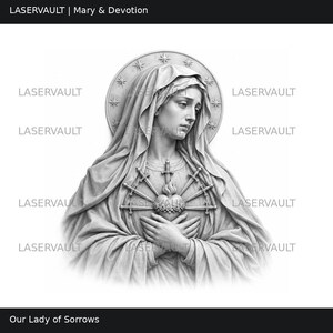Puede incluir: Una ilustraci&oacute;n en escala de grises de Nuestra Se&ntilde;ora de los Dolores con una figura velada, un halo con estrellas y un coraz&oacute;n atravesado por siete espadas. El texto LASERVAULT se repite, con el t&iacute;tulo Mary & Devotion.