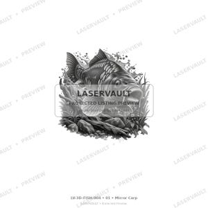 May include: A black and white digital illustration of a mirror carp fish swimming through water with bubbles, aquatic plants, and rocks. The image features the text LASERVAULT PROTECTED LISTING PREVIEW and LV-3D-FISH-004 01 Mirror Carp.