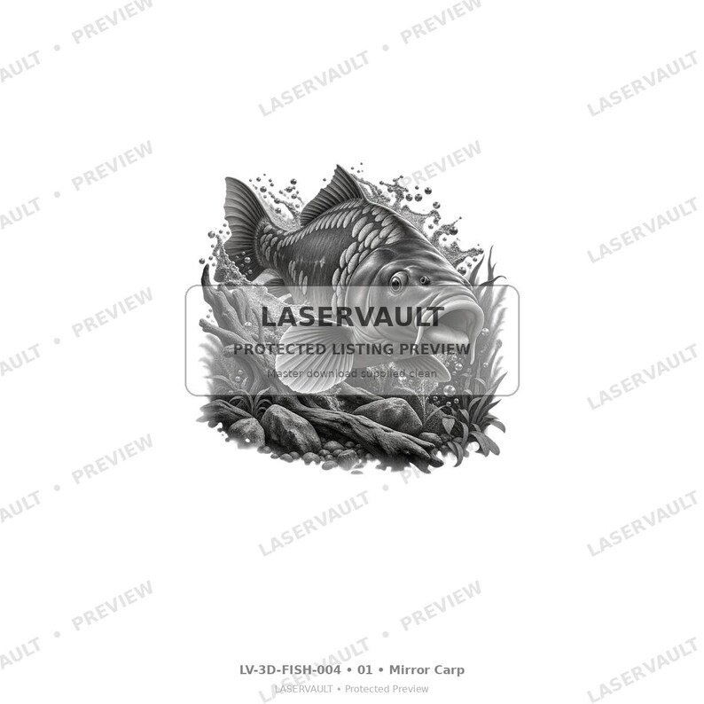 May include: A black and white digital illustration of a mirror carp fish swimming through water with bubbles, aquatic plants, and rocks. The image features the text LASERVAULT PROTECTED LISTING PREVIEW and LV-3D-FISH-004 01 Mirror Carp.