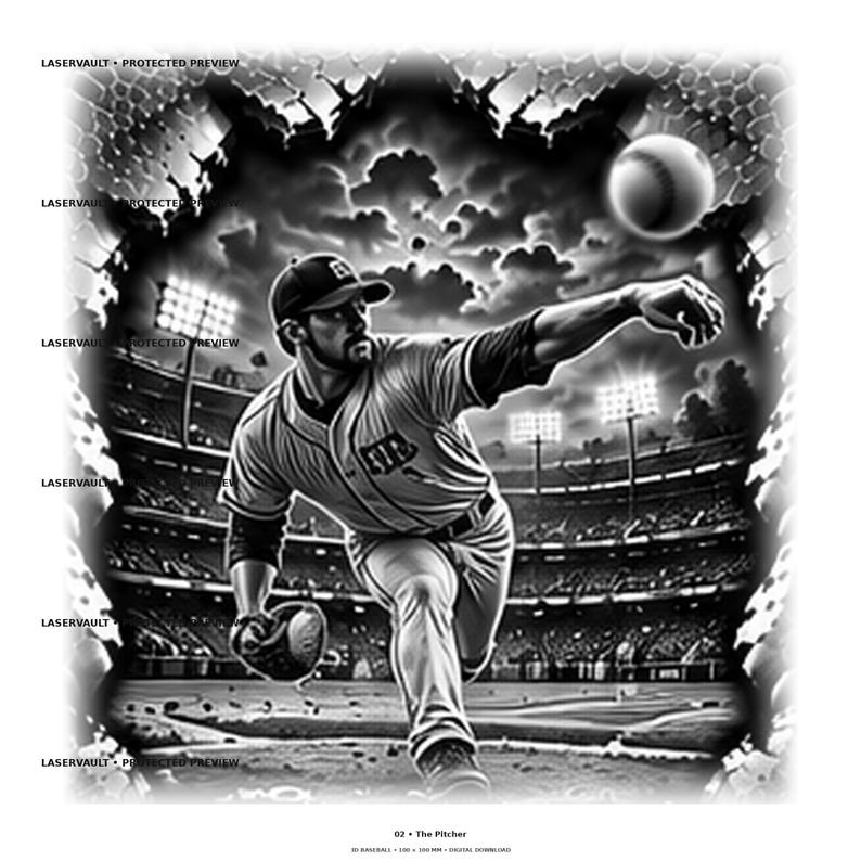 May include: A black and white digital illustration of a baseball pitcher in a stadium, throwing a ball. The image features the text LASERVAULT PROTECTED PREVIEW repeated on the left side, and 02 The Pitcher at the bottom center.