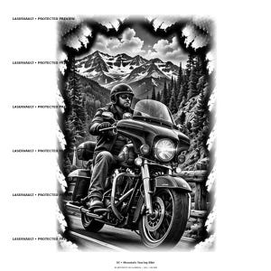 May include: A black and white illustration of a person wearing a helmet and sunglasses riding a touring motorcycle on a road. The background features a mountain range and pine trees. The text LASERVAULT PROTECTED PREVIEW appears on the left side.