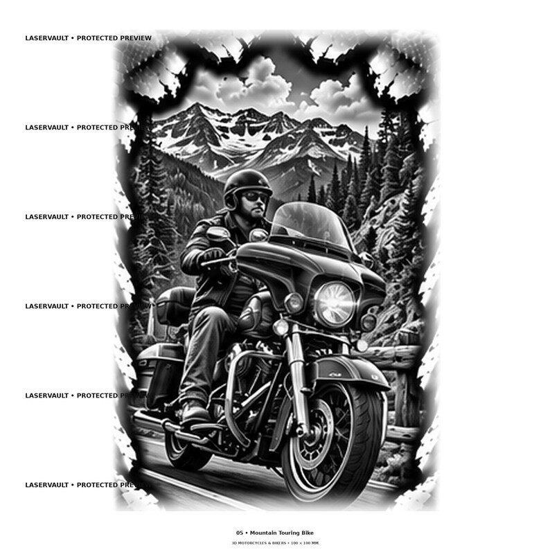 May include: A black and white illustration of a person wearing a helmet and sunglasses riding a touring motorcycle on a road. The background features a mountain range and pine trees. The text LASERVAULT PROTECTED PREVIEW appears on the left side.