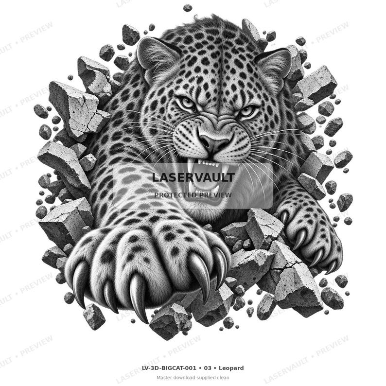 May include: A black and white graphic illustration of a snarling leopard with sharp claws, appearing to break through a wall of concrete rubble. The image features the text LASERVAULT PROTECTED PREVIEW and LV-3D-BIGCAT-001 03 Leopard.