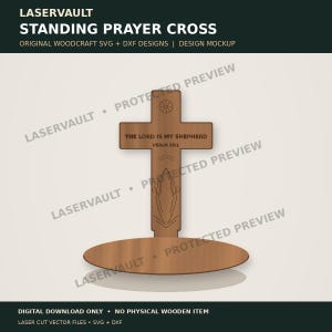 Puede incluir: Una cruz de oración de madera marrón con base circular, un icono de sol grabado, el texto THE LORD IS MY SHEPHERD PSALM 23:1 y una ilustración de líneas de manos en oración en el brazo vertical de la estructura de la cruz.