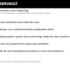 Puede incluir: Un documento informativo blanco con texto negro titulado LASERVAULT. Proporciona instrucciones para el grabado l&aacute;ser, aconsejando a los usuarios probar archivos, ajustar la configuraci&oacute;n de la m&aacute;quina y se&ntilde;ala que los archivos limpios se suministran sin marcas de agua.