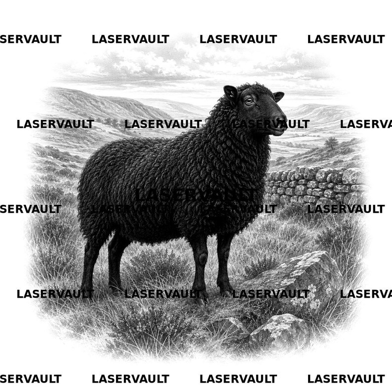 Pu&ograve; includere: Un'illustrazione in bianco e nero di una pecora in piedi in un campo erboso con colline e un muro di pietra sullo sfondo. La parola LASERVAULT &egrave; ripetuta pi&ugrave; volte in un motivo a griglia sull'intera immagine.