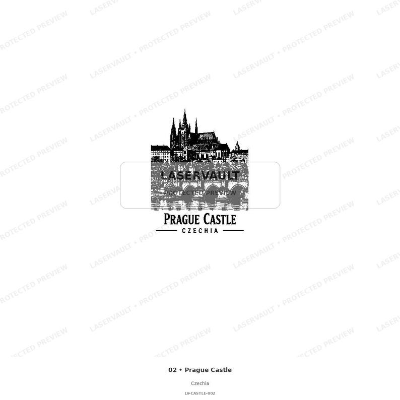 Puede incluir: Una ilustraci&oacute;n gr&aacute;fica en blanco y negro del Castillo de Praga en Chequia, con detalladas agujas arquitect&oacute;nicas y un puente. El texto LASERVAULT PROTECTED PREVIEW est&aacute; superpuesto, con PRAGUE CASTLE CZECHIA impreso debajo de la imagen.
