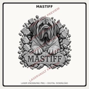 Peut inclure: Une illustration num&eacute;rique en niveaux de gris d'un chien Mastiff regardant &agrave; travers un trou dans un mur de pierre. Le chien a la peau rid&eacute;e et pose ses pattes sur un grand bloc de pierre rectangulaire portant le mot MASTIFF grav&eacute;.