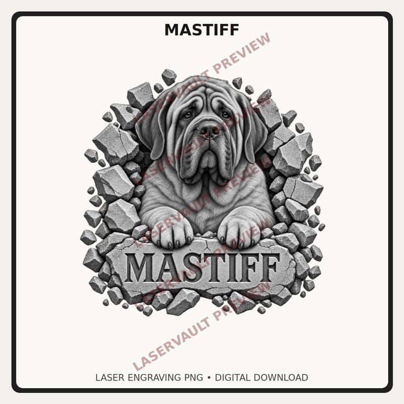 Peut inclure: Une illustration num&eacute;rique en niveaux de gris d'un chien Mastiff regardant &agrave; travers un trou dans un mur de pierre. Le chien a la peau rid&eacute;e et pose ses pattes sur un grand bloc de pierre rectangulaire portant le mot MASTIFF grav&eacute;.