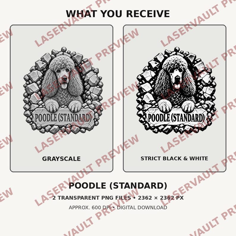 K&ouml;nnte beinhalten: Zwei digitale Grafikdesigns eines Standardpudels, eingerahmt von steinartigen Texturen. Eine Version ist in Graustufen, die andere in strengem Schwarz-Wei&szlig;. Beide zeigen den Text POODLE (STANDARD) auf einer Steinplatte unter dem Hund.