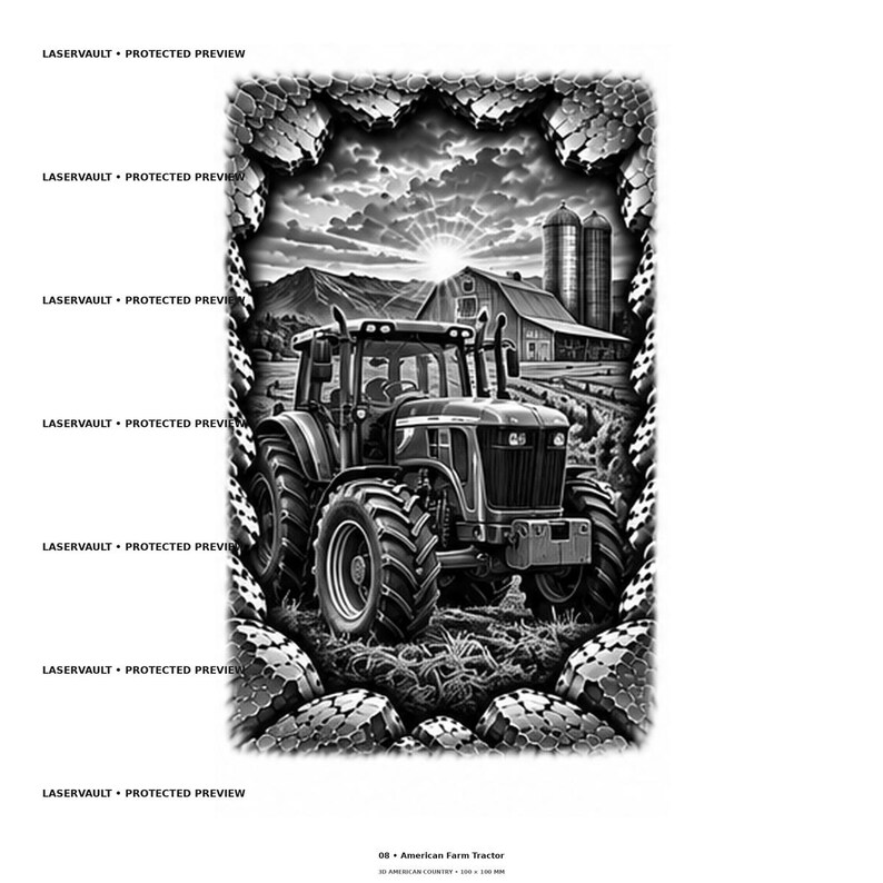 Puede incluir: Una ilustraci&oacute;n gr&aacute;fica en blanco y negro que muestra un tractor en un campo con un granero y silos al fondo. La escena est&aacute; enmarcada por un borde texturizado tipo panal. El texto 08 American Farm Tractor est&aacute; impreso en la parte inferior.