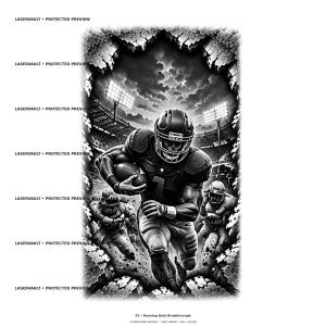 May include: A black and white digital illustration titled 02 Running Back Breakthrough featuring an American football player running with a ball on a field under stadium lights, framed by a cracked stone border with LASERVAULT PROTECTED PREVIEW text.