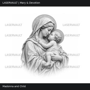 Puede incluir: Una ilustraci&oacute;n en blanco y negro de la Virgen con el Ni&ntilde;o que presenta el texto LASERVAULT repetido por toda la imagen. Las figuras se muestran con halos, ropa drapeada y sombras suaves, creando un aspecto escult&oacute;rico.