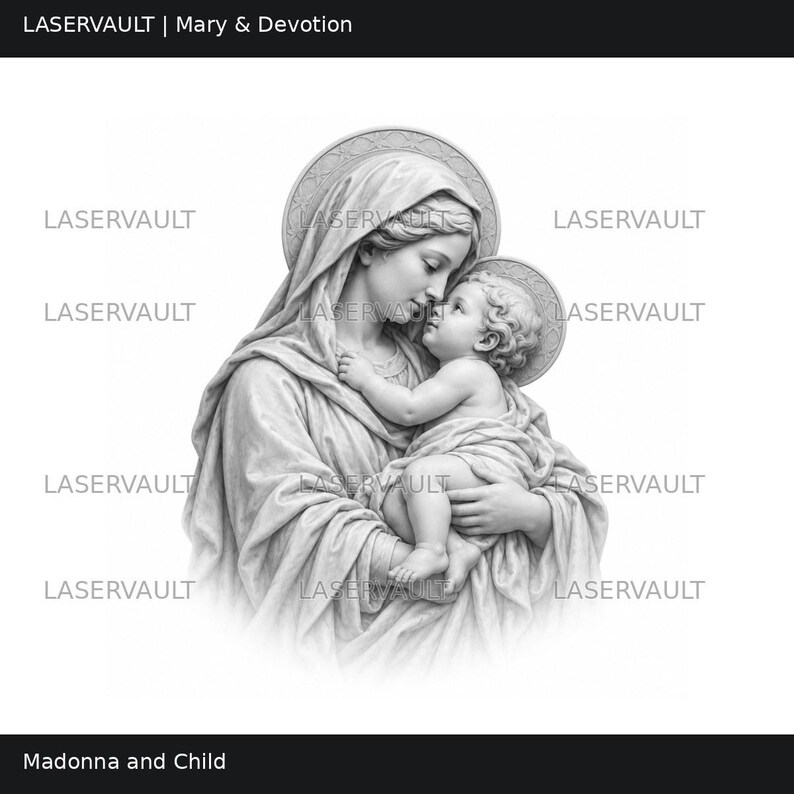 Puede incluir: Una ilustraci&oacute;n en blanco y negro de la Virgen con el Ni&ntilde;o que presenta el texto LASERVAULT repetido por toda la imagen. Las figuras se muestran con halos, ropa drapeada y sombras suaves, creando un aspecto escult&oacute;rico.