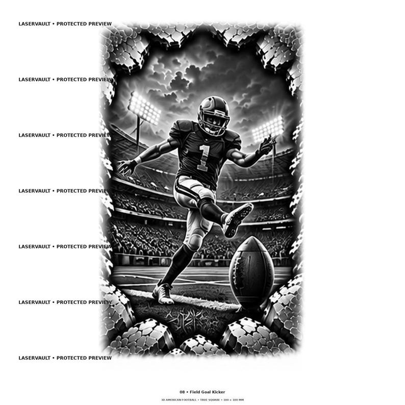 May include: A black and white graphic illustration of an American football player wearing a jersey with the number 1, kicking a football on a field. The scene is framed by a jagged, stone-like border with stadium lights and a crowd in the background.