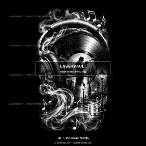 May include: A black and white graphic design featuring a vinyl record integrated with headphones, surrounded by swirling smoke and musical notes. The centre shows a silhouette of a musician in a city at night with the text LASERVAULT.