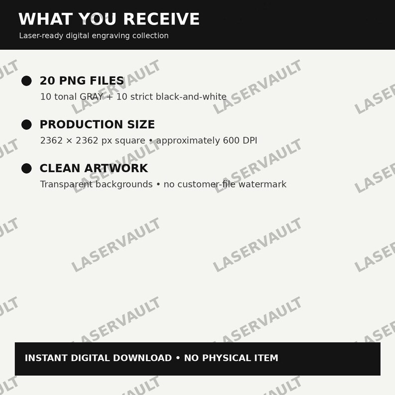 May include: A digital product information graphic titled WHAT YOU RECEIVE, listing 20 PNG files including 10 tonal grey and 10 black-and-white files. It specifies a production size of 2362 x 2362 px at 600 DPI, transparent backgrounds, and no watermark.
