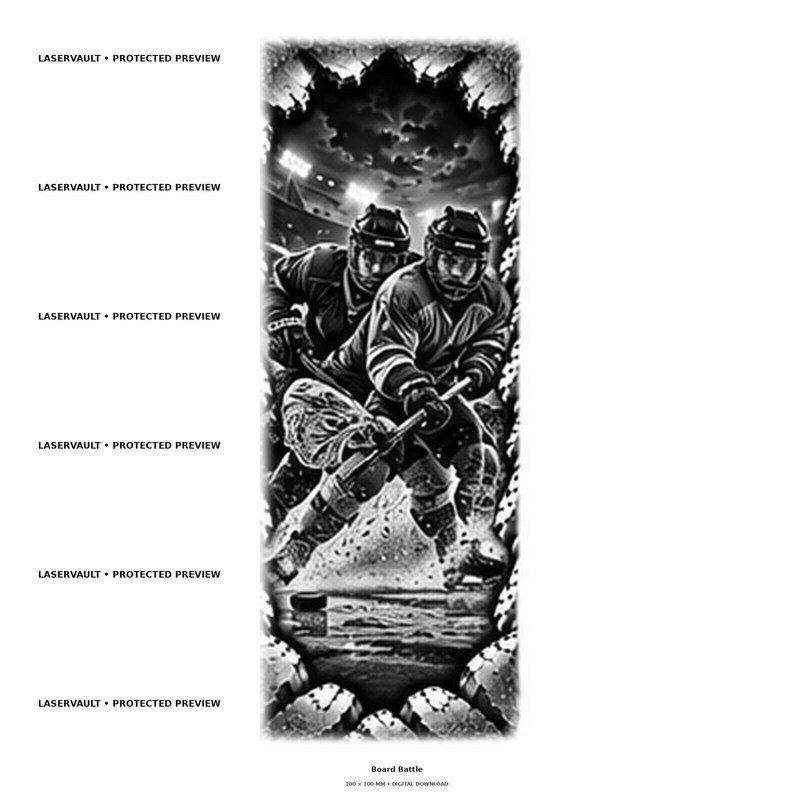 May include: A black and white graphic illustration featuring two hockey players in full gear on the ice, with a puck in the foreground and a stadium background. The text LASERVAULT &bull; PROTECTED PREVIEW appears repeatedly, and Board Battle is at the bottom.