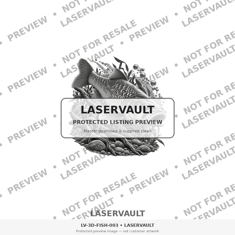 Puede incluir: Una ilustraci&oacute;n digital en blanco y negro de un pez nadando entre plantas acu&aacute;ticas y rocas. Un cuadro rectangular superpuesto contiene el texto LASERVAULT PROTECTED LISTING PREVIEW. El fondo presenta texto repetido como marca de agua.