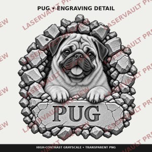 K&ouml;nnte beinhalten: Eine digitale Graustufenillustration eines Mopses, der durch ein Loch in einer Steinmauer schaut. Der Mops hat ein faltiges Gesicht und die Zunge h&auml;ngt heraus. Unter dem Hund befindet sich eine Steinplatte mit der Gravur PUG. Oben steht PUG ENGRAVING DETAIL.