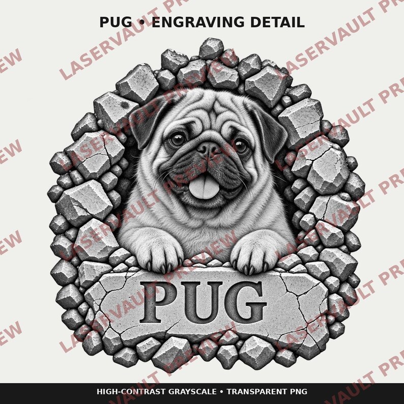 K&ouml;nnte beinhalten: Eine digitale Graustufenillustration eines Mopses, der durch ein Loch in einer Steinmauer schaut. Der Mops hat ein faltiges Gesicht und die Zunge h&auml;ngt heraus. Unter dem Hund befindet sich eine Steinplatte mit der Gravur PUG. Oben steht PUG ENGRAVING DETAIL.