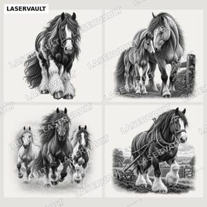Puede incluir: Un conjunto de cuatro ilustraciones en blanco y negro de caballos. Una muestra un caballo solo, otra una yegua con su potro, la tercera tres caballos corriendo y la cuarta un caballo tirando de un arado. El texto LASERVAULT aparece repetidamente.