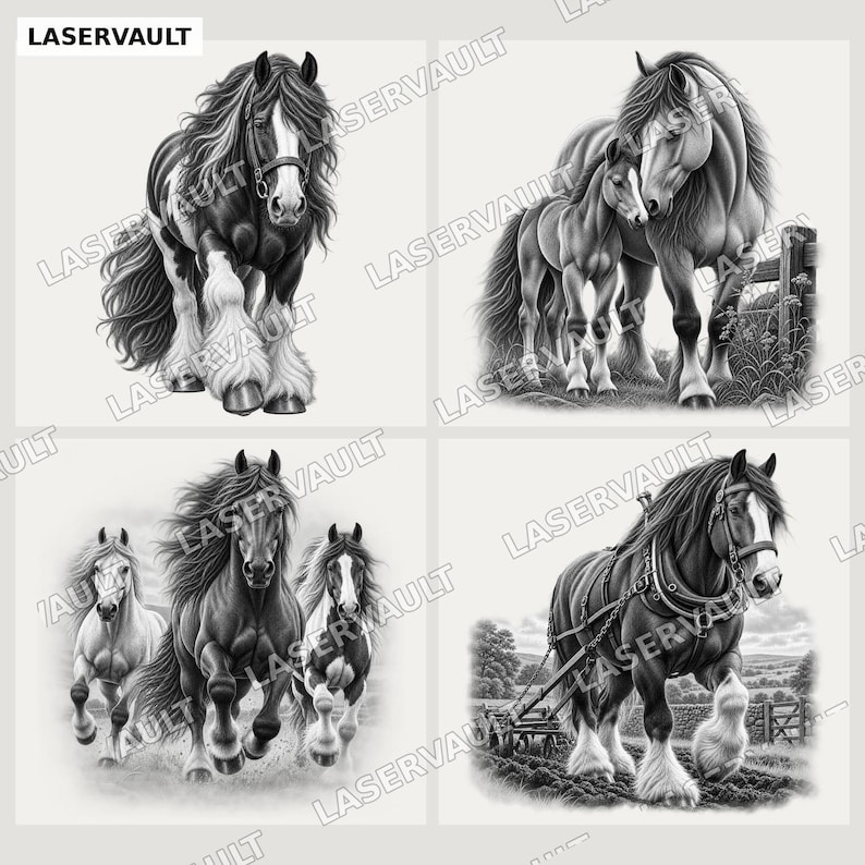Puede incluir: Un conjunto de cuatro ilustraciones en blanco y negro de caballos. Una muestra un caballo solo, otra una yegua con su potro, la tercera tres caballos corriendo y la cuarta un caballo tirando de un arado. El texto LASERVAULT aparece repetidamente.