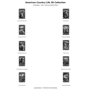 Puede incluir: Colecci&oacute;n 3D American Country Life con 10 dise&ntilde;os en pizarra cuadrada de 100 x 100 mm. Las im&aacute;genes en blanco y negro muestran una granja de ganado, un caballo, ovejas, un ciervo, un oso negro, pesca, un perro de caza, un tractor, un molino y un &aacute;guila.