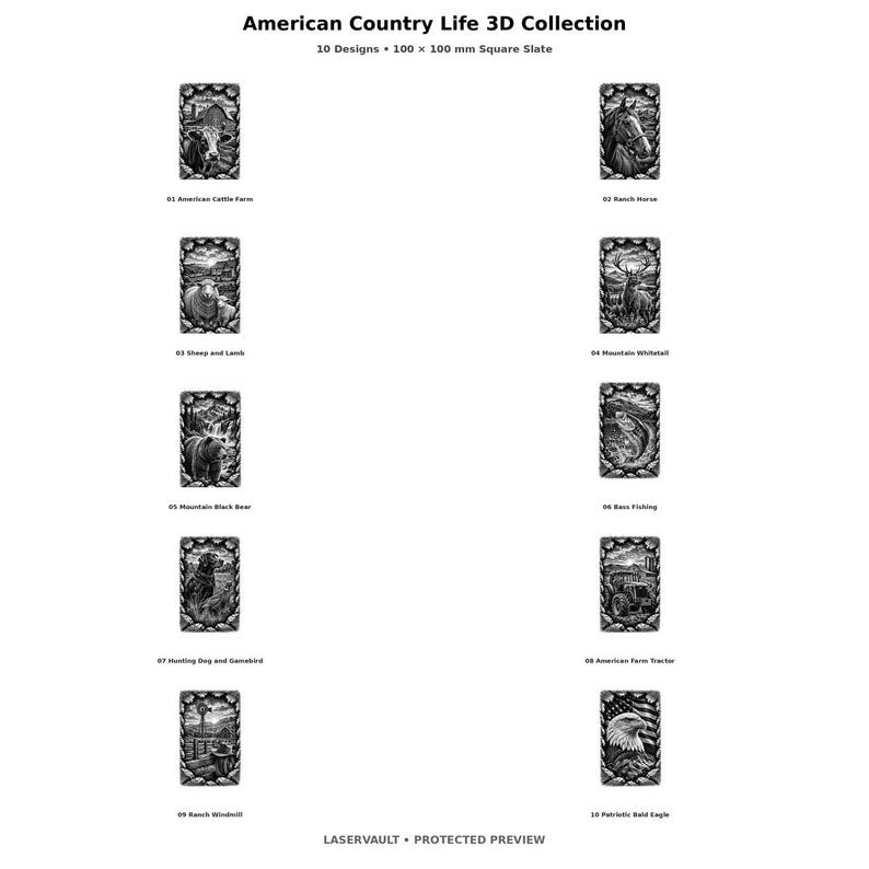 Puede incluir: Colecci&oacute;n 3D American Country Life con 10 dise&ntilde;os en pizarra cuadrada de 100 x 100 mm. Las im&aacute;genes en blanco y negro muestran una granja de ganado, un caballo, ovejas, un ciervo, un oso negro, pesca, un perro de caza, un tractor, un molino y un &aacute;guila.