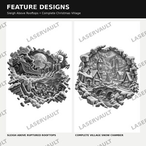 Op de afbeelding: Twee zwart-wit digitale illustraties met het label FEATURE DESIGNS. De linker afbeelding, Sleigh Above Ruptured Rooftops, toont de Kerstman in een slee getrokken door rendieren boven een besneeuwd dorp. De rechter, Complete Village Snow Chamber, toont een gedetailleerd winterstadsgezicht met stenen gebouwen, een brug en met sneeuw bedekte bomen.