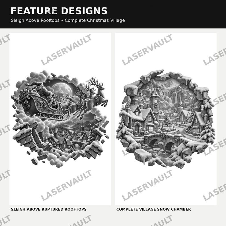 Op de afbeelding: Twee zwart-wit digitale illustraties met het label FEATURE DESIGNS. De linker afbeelding, Sleigh Above Ruptured Rooftops, toont de Kerstman in een slee getrokken door rendieren boven een besneeuwd dorp. De rechter, Complete Village Snow Chamber, toont een gedetailleerd winterstadsgezicht met stenen gebouwen, een brug en met sneeuw bedekte bomen.